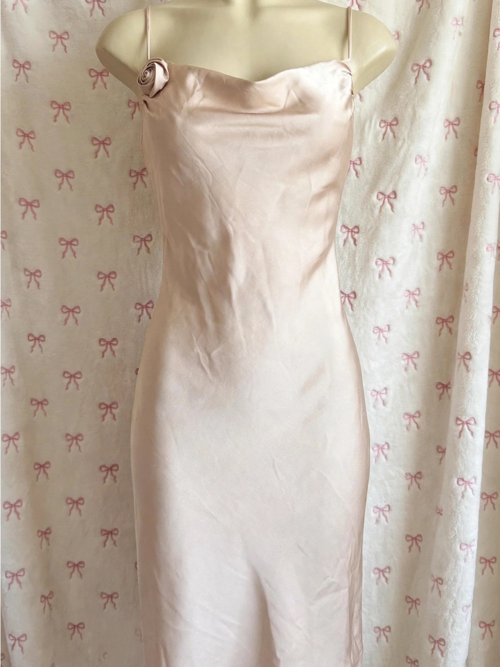 H&M Strapless Satin Slip Dress in Pale Pink with Rosette Accent
